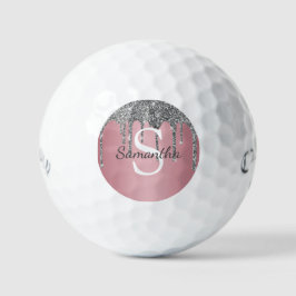 Silver Glitter Drift Roos Gold Pink Monogram Naam Golfballen