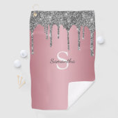 Silver Glitter Drift Roos Gold Pink Monogram Naam Golfhanddoek (Insitu)