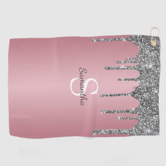 Silver Glitter Drift Roos Gold Pink Monogram Naam Golfhanddoek (Horizontaal)