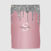 Silver Glitter Drift Roos Gold Pink Monogram Naam Golfhanddoek (Voorkant)