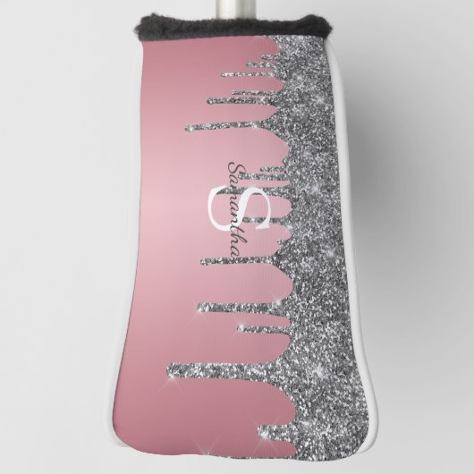 Silver Glitter Drift Roos Gold Pink Monogram Naam Golfheadcover (Draai 90)