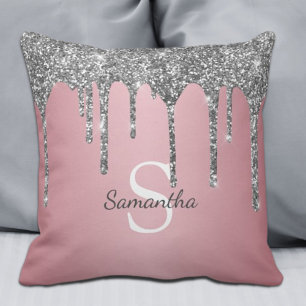 Silver Glitter Drift Roos Gold Pink Monogram Naam Kussen