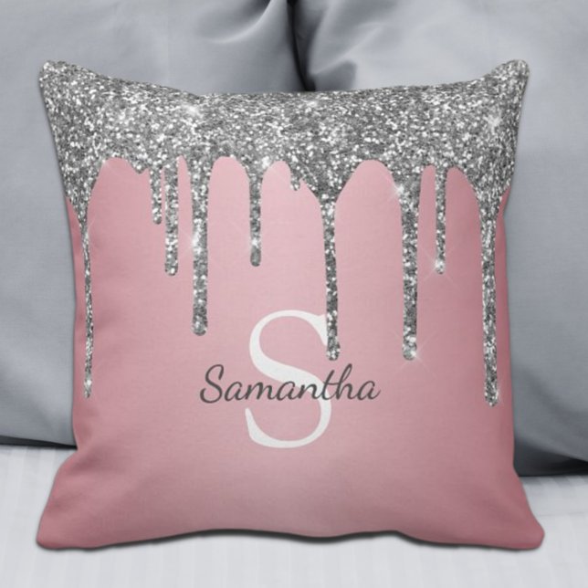 Silver Glitter Drift Roos Gold Pink Monogram Naam Kussen (Creator heeft geüpload)
