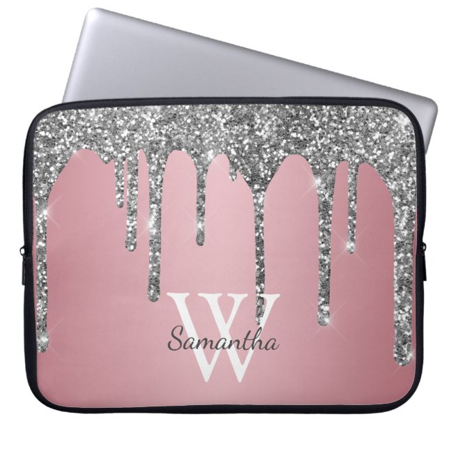 Silver Glitter Drift Roos Gold Pink Monogram Naam Laptop Sleeve (Voorkant)