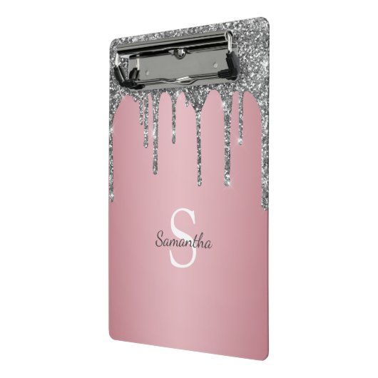 Silver Glitter Drift Roos Gold Pink Monogram Naam Mini Klembord (Angled2)