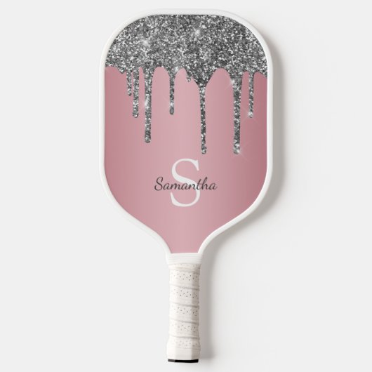 Silver Glitter Drift Roos Gold Pink Monogram Naam Pickleball Paddle (Achterkant)