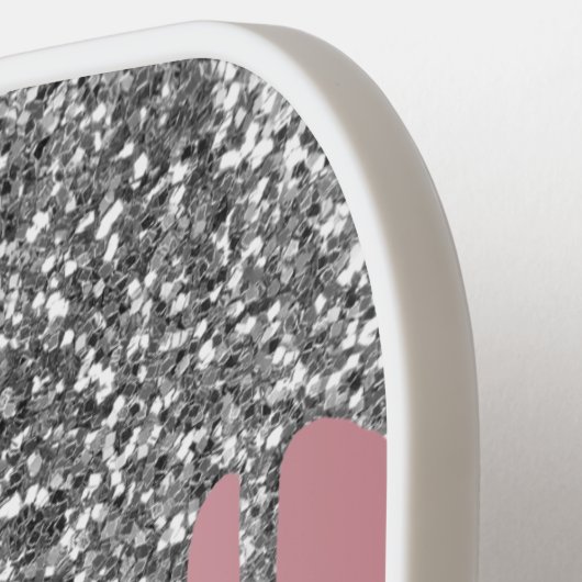 Silver Glitter Drift Roos Gold Pink Monogram Naam Pickleball Paddle (Links Detail)