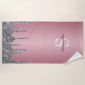 Silver Glitter Drift Roos Gold Pink Monogram Naam Strandlaken (Voorkant)