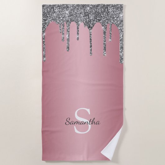 Silver Glitter Drift Roos Gold Pink Monogram Naam Strandlaken (Voorkant)