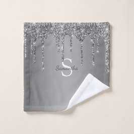 Silver Glitter Drift Sparkle Monogram Naam Bad Handdoek