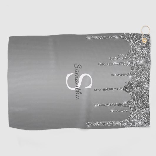 Silver Glitter Drift Sparkle Monogram Naam Golfhanddoek (Horizontaal)
