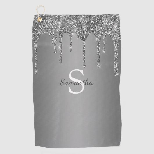 Silver Glitter Drift Sparkle Monogram Naam Golfhanddoek (Voorkant)