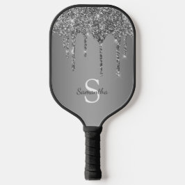 Silver Glitter Drift Sparkle Monogram Naam Pickleball Paddle