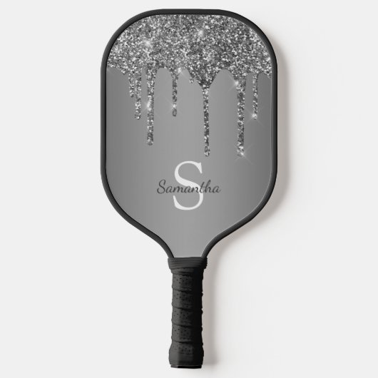 Silver Glitter Drift Sparkle Monogram Naam Pickleball Paddle (Achterkant)