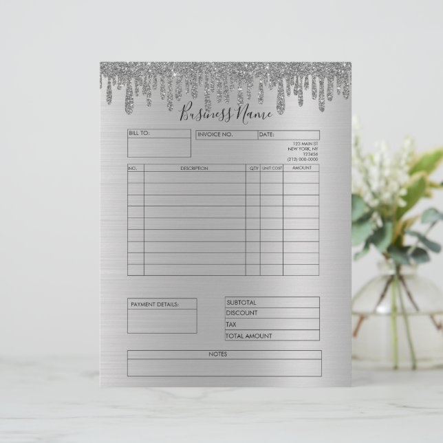 Silver Glitter drijft factuur voor kleine bedrijve Briefhoofd (Staand voorkant)