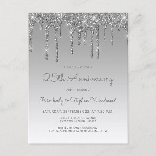 Silver Glitter Drip 25th Anniversary Invitation Briefkaart (Voorkant)