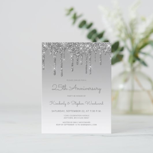 Silver Glitter Drip 25th Anniversary Invitation Briefkaart (Staand voorkant)