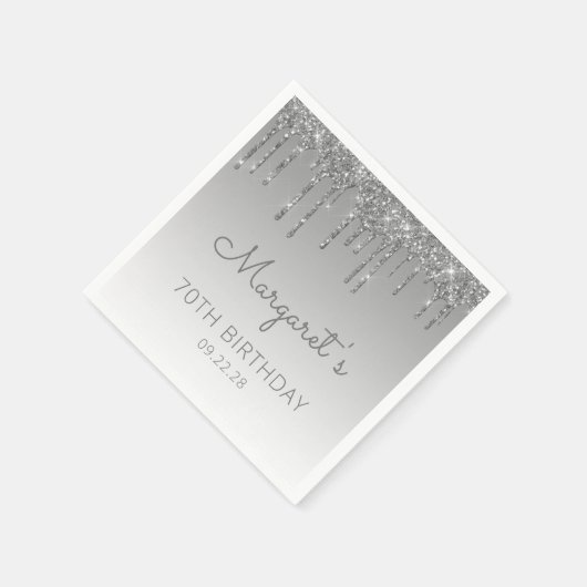 Silver Glitter Drip 70th Birthday Servet (Hoek)