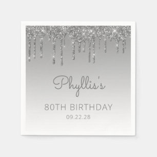 Silver Glitter Drip 80th Birthday Party Napkins Servet