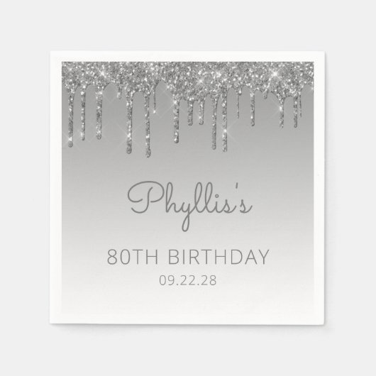 Silver Glitter Drip 80th Birthday Party Napkins Servet (Voorkant)