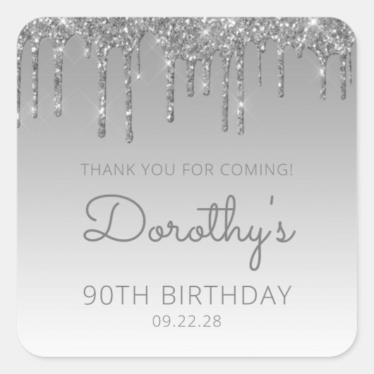 Silver Glitter Drip 90th Birthday Party Dank u Vierkante Sticker (Voorkant)