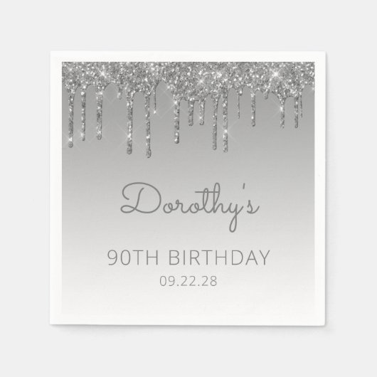 Silver Glitter Drip 90th Birthday Party Servet (Voorkant)