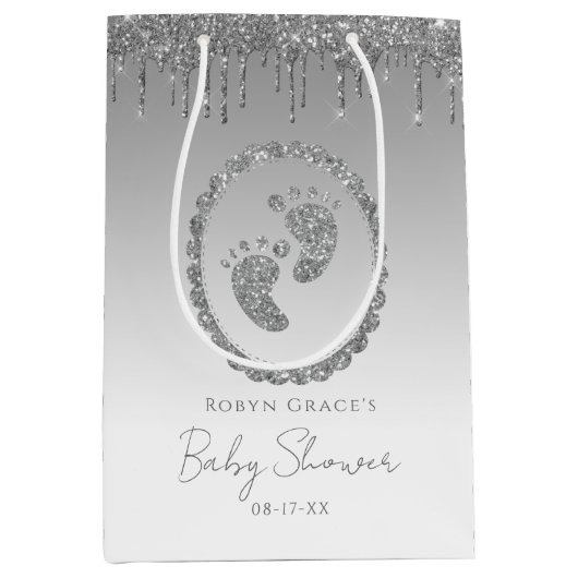 Silver Glitter Drip Baby shower Gift Bag Medium Cadeauzakje (Voorkant)
