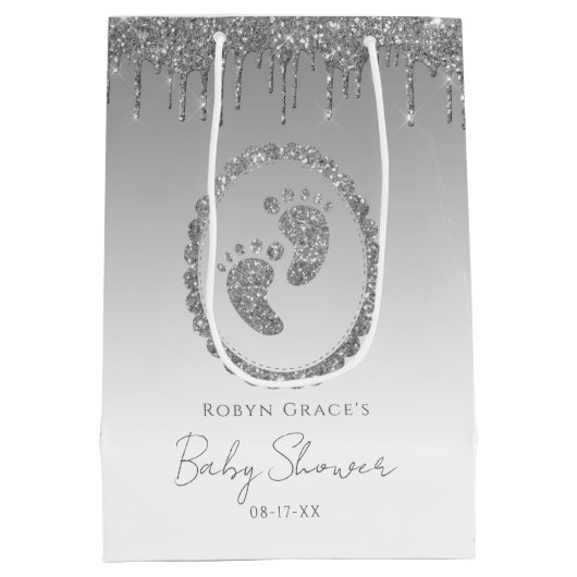 Silver Glitter Drip Baby shower Gift Bag Medium Cadeauzakje (Achterkant)