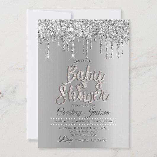Silver Glitter Drip Baby shower Kaart (Voorkant)