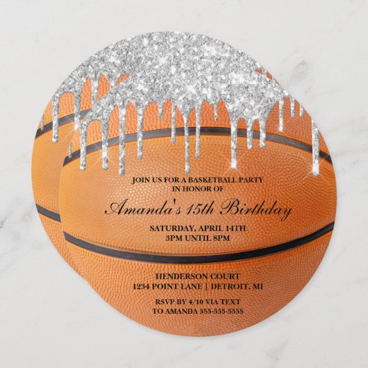 Silver Glitter Drip Basketball Uitnodiging (Voorkant / Achterkant)