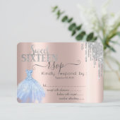 Silver Glitter Drip Blue Dress Sweet 16 RSVP Kaart (Staand voorkant)