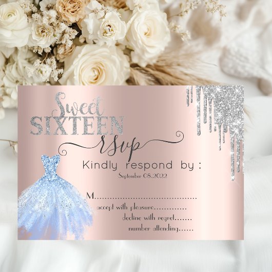 Silver Glitter Drip Blue Dress Sweet 16 RSVP Kaart