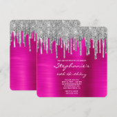Silver Glitter Drip Fuchsia Folie 60th Birthday Kaart (Voorkant / Achterkant)