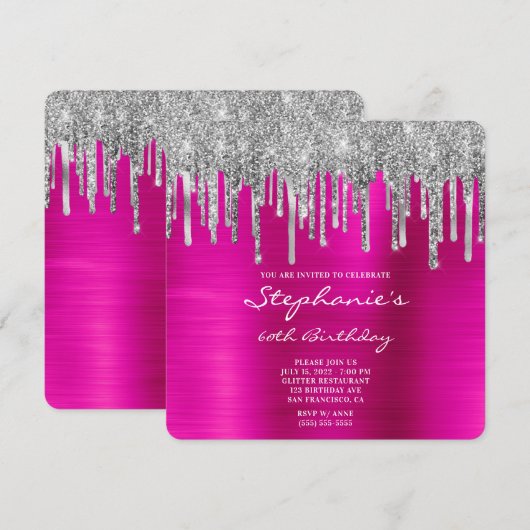 Silver Glitter Drip Fuchsia Folie 60th Birthday Kaart (Voorkant / Achterkant)