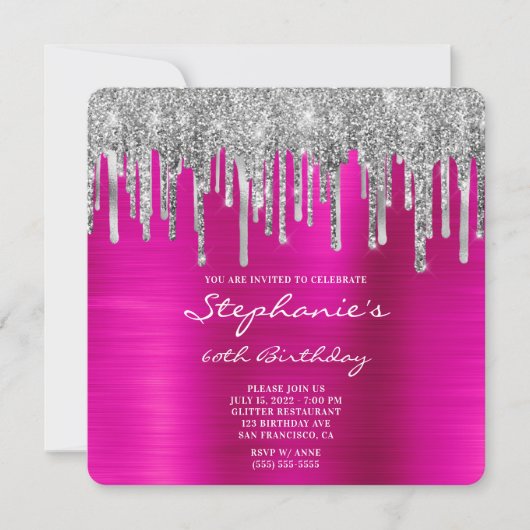 Silver Glitter Drip Fuchsia Folie 60th Birthday Kaart (Voorkant)