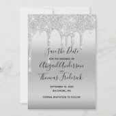 Silver Glitter Drip Glam Trendy Save the Date (Voorkant)