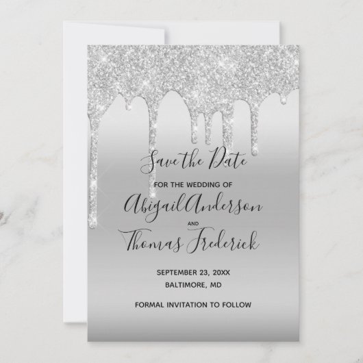 Silver Glitter Drip Glam Trendy Save the Date (Voorkant)