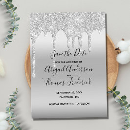 Silver Glitter Drip Glam Trendy Save the Date