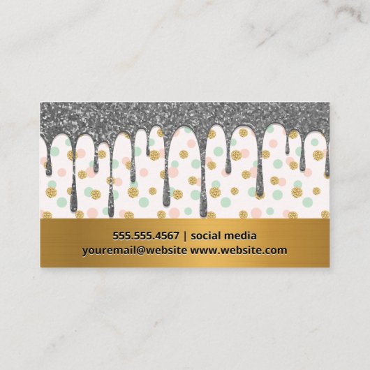 Silver Glitter Drip / Gold Polka Dot Pattern Visitekaartje (Achterkant)