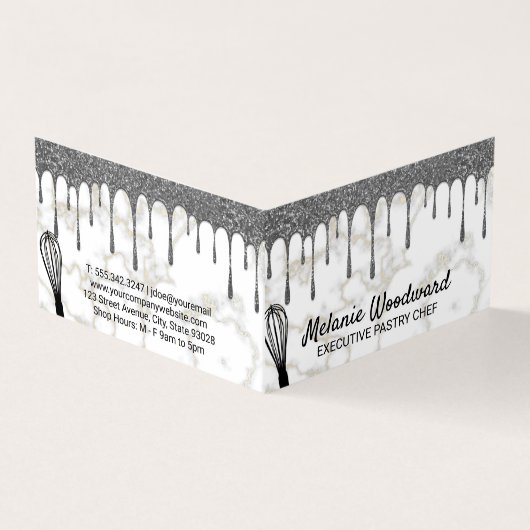 Silver Glitter Drip | Marmer | Chef Whisk Visitekaartje (Buitenkant)