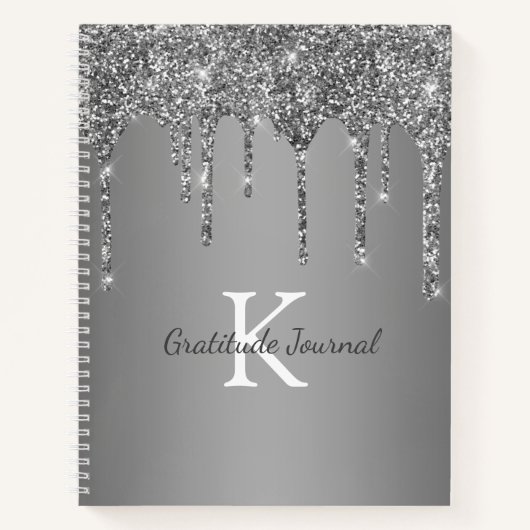 Silver Glitter Drip Monogram Gratitude Journal Notitieboek (Voorkant)