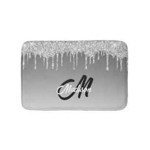 Silver Glitter Drip Monogram Sparkle Cute Girly Badmat