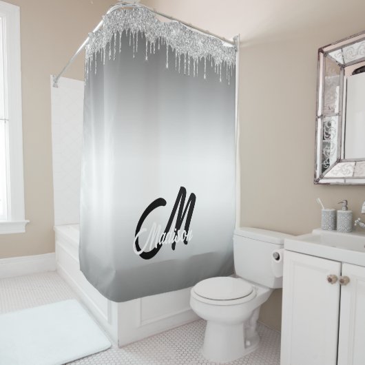 Silver Glitter Drip Monogram Sparkle Cute Girly Douchegordijn (In situ)