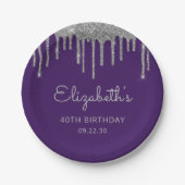 Silver Glitter Drip Paarse 40ste verjaardagsfeestj Papieren Bordje (Voorkant)