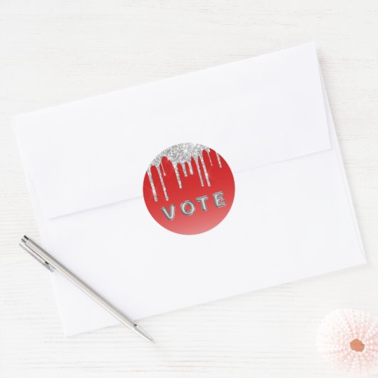 Silver Glitter Drip Red Background Vote Ronde Sticker (Envelop)