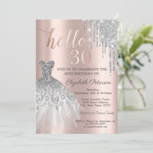 Silver Glitter Drip Roos Gold 30th Birthday Kaart (Staand voorkant)