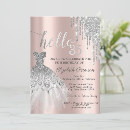 Silver Glitter Drip Roos Gold 35th Birthday Kaart (Staand voorkant)