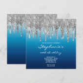 Silver Glitter Drip Sky Ocean Blue Ombre Birthday Kaart (Voorkant / Achterkant)
