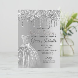 Silver Glitter Drip Sweet Sixteen Birthday Kaart