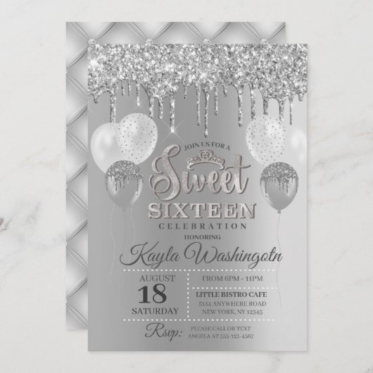 Silver Glitter Drip Sweet Sixteen Birthday Kaart (Voorkant / Achterkant)
